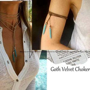 Boho Velvet Brown W/Turquoise Stones Necklace